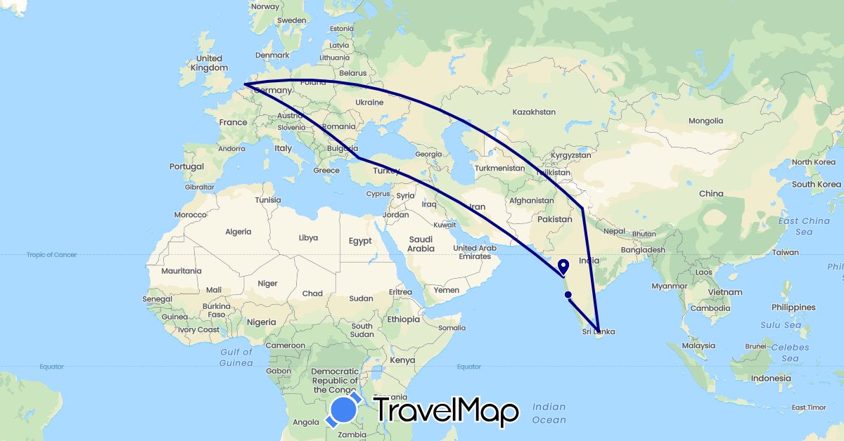 TravelMap itinerary: driving in India, Sri Lanka, Netherlands, Turkey (Asia, Europe)